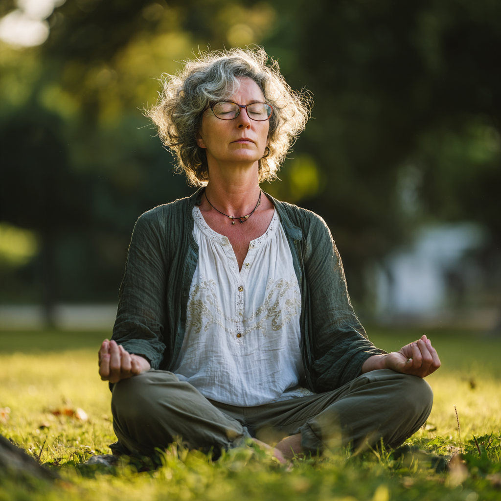 peaceful mature woman practicing meditation in serene natural setting